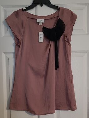 LOFT Mauve Pink Blouse with Black Pleated Bow Size M